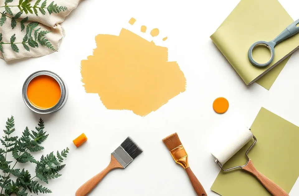 Pots de peinture, nuancier, brosses et rouleaux disposés à plat