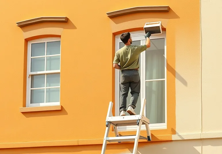 Peintre sur échafaudage traitant la façade d'une maison