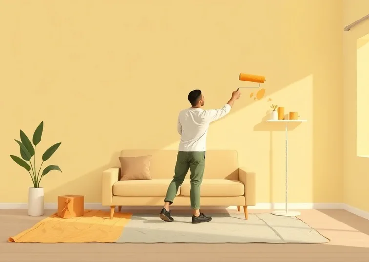 Peintre appliquant la peinture au rouleau sur un mur de salon